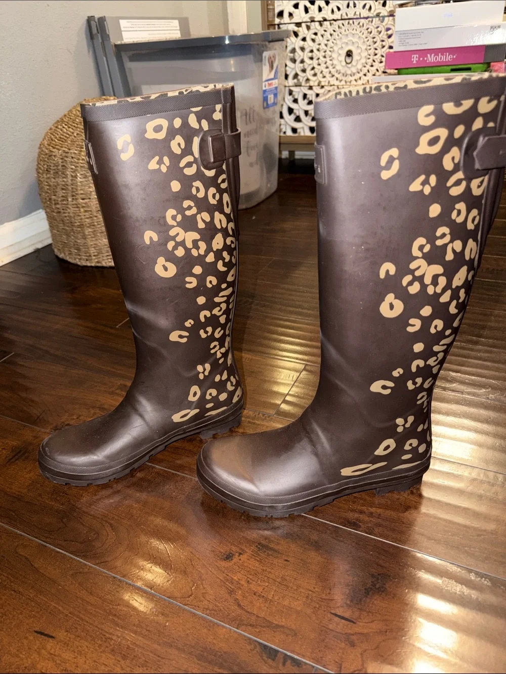Joules Brown Rain Boots with Leopard Accent